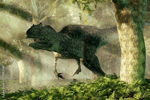 Fototapeta Naklejka Na Ścianę i Meble -  An allosaurus stalks a dense Jurassic era forest.  The dinosaur turns to look at you and bears its teeth as it comes around a tree. 3D Rendering 