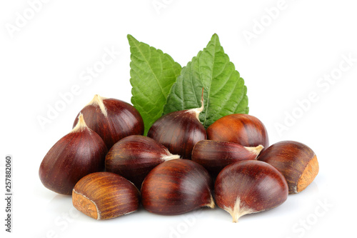 Chestnuts with leaves isolated.