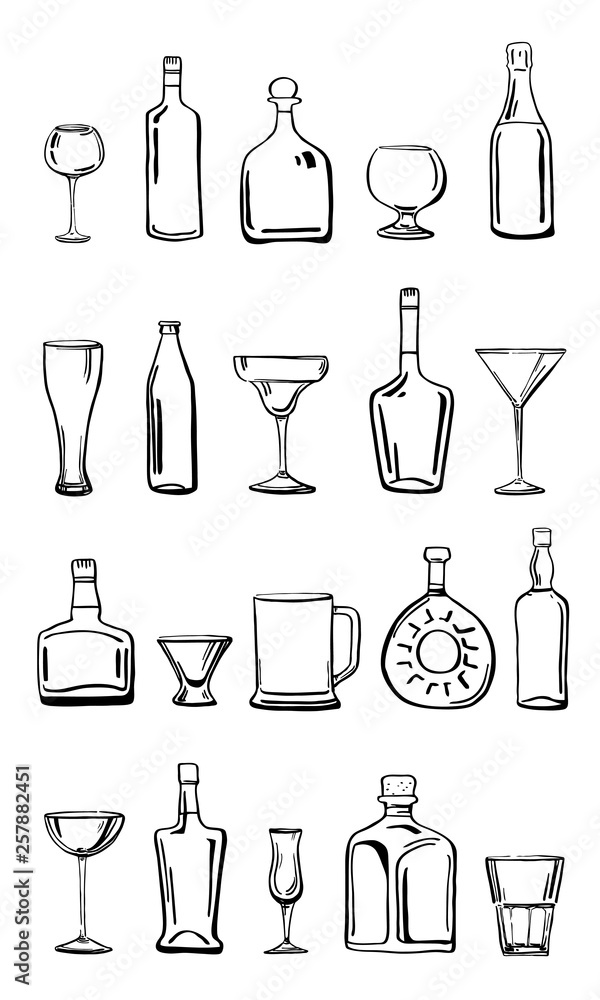 Vector outline hand drawn sketch illustration with drinking glass and alcohol bottles isolated on white background Vector outline hand drawn sketch illustration with drinking glass and alcohol bottles isolated on white background