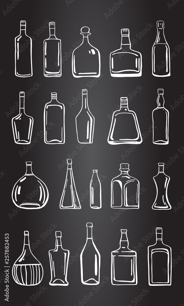 Vector outline hand drawn illustration with different alcohol bottles on blackboard background Vector outline hand drawn illustration with different alcohol bottles on blackboard background