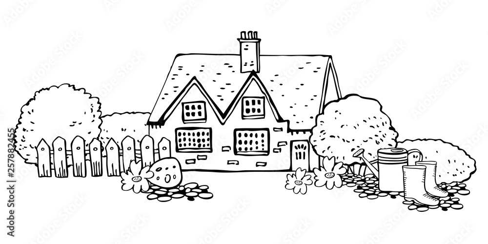 Old stone Europe countryhouse with gardening tools. Vector sketch hand drawn illustration. Cartoon outline house facade, fence, watering can, boots and plants isolated on white background