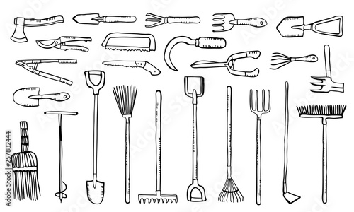 Garden tools set. Vector hand drawn outline sketch illustration black on white background. Shovels, rakes, brushes, secateurs