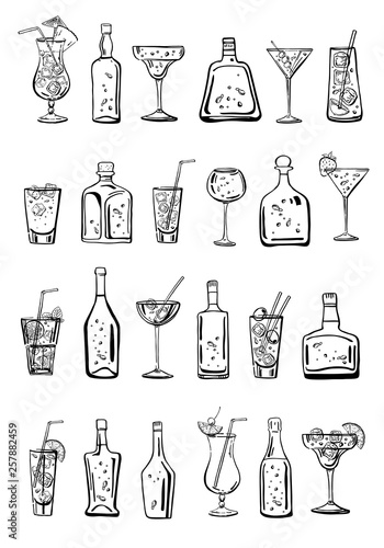 Vector outline hand drawn sketch illustration with different cocktails and alcohol bottles isolated on white background