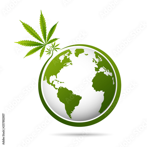 world map is made of green cannabis leaves. Abstract territorial plan in green color hues