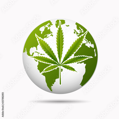 world map is made of green cannabis leaves. Abstract territorial plan in green color hues