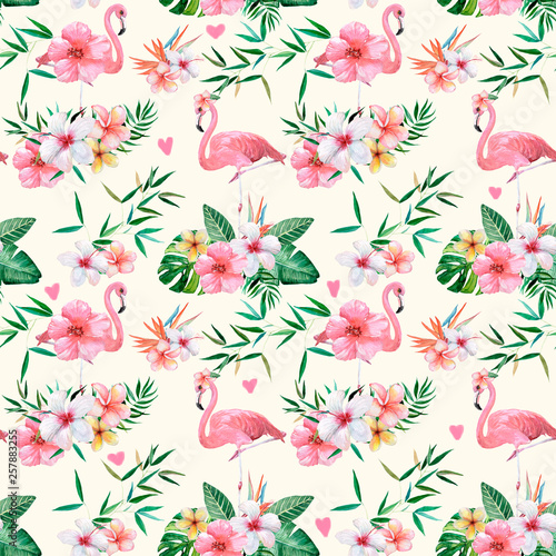 Seamless pattern, tropical pattern with flowers, leaves, with a flamingo bird. Watercolor illustration. © Marina