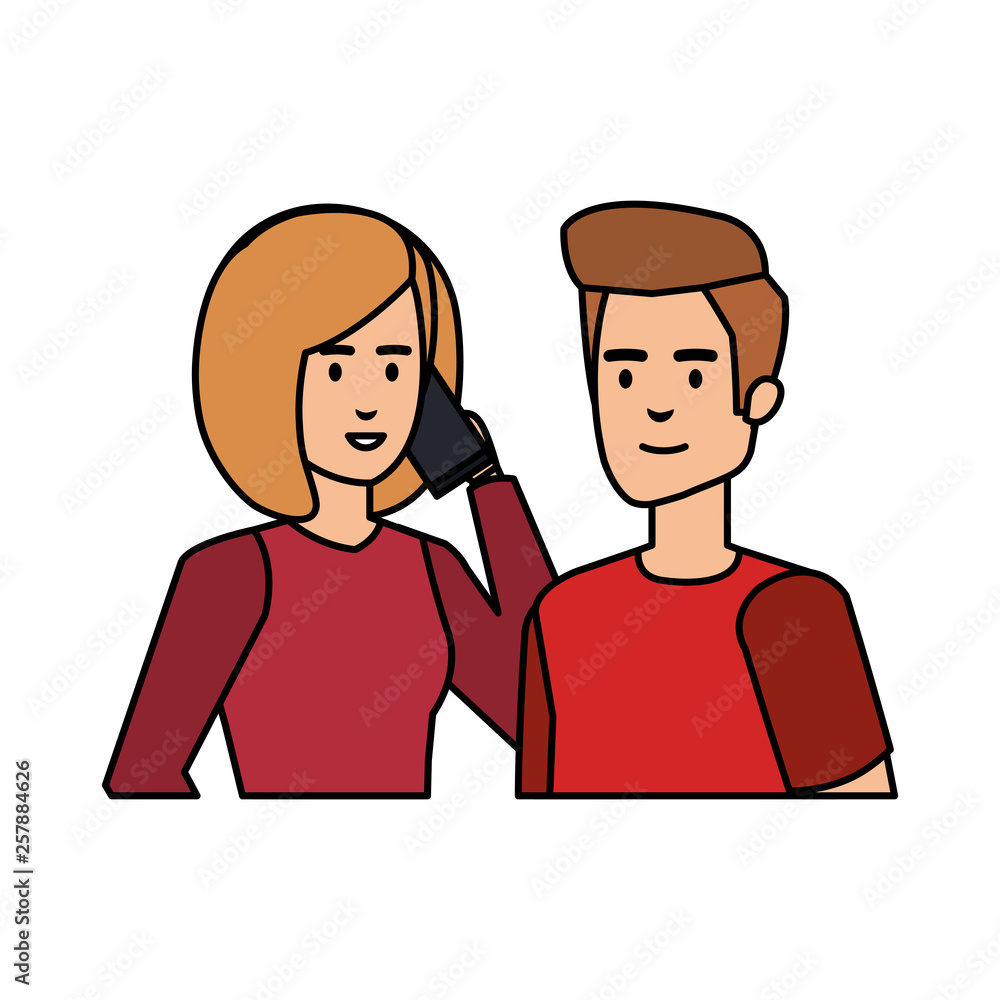 young couple with smartphone avatars characters young couple with smartphone avatars characters