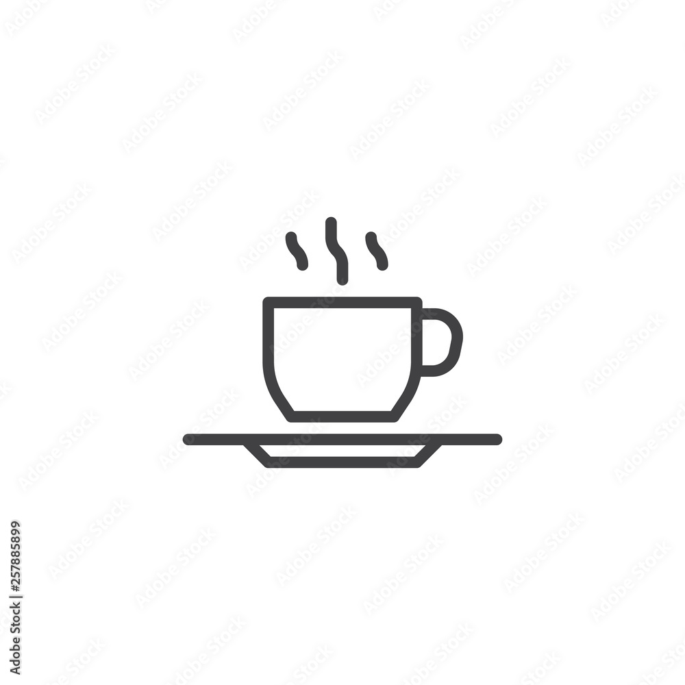 Hot coffee cup line icon. linear style sign for mobile concept and web design. Tea cup and saucer outline vector icon. Breakfast symbol, logo illustration. Pixel perfect vector graphics Hot coffee cup line icon. linear style sign for mobile concept and web design. Tea cup and saucer outline vector icon. Breakfast symbol, logo illustration. Pixel perfect vector graphics