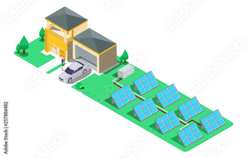 House with alternative Eco Green Energy, flat 3d web isometric infographic concept. Solar Panels set. Vector illustration