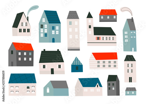 Various small tiny houses. Paper cut style. Flat design. Hand drawn trendy illustration. Colored vector set. All elements are isolated