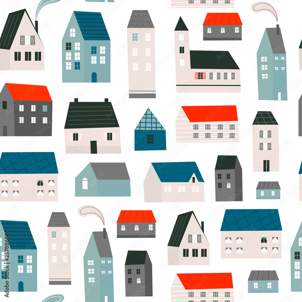 Various small tiny houses. Paper cut style. Flat design. Hand drawn trendy illustration. Colored vector seamless pattern