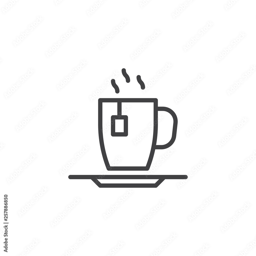 Hot herbal tea cup line icon. linear style sign for mobile concept and web design. Green tea cup with tea bag outline vector icon. Symbol, logo illustration. Pixel perfect vector graphics Hot herbal tea cup line icon. linear style sign for mobile concept and web design. Green tea cup with tea bag outline vector icon. Symbol, logo illustration. Pixel perfect vector graphics