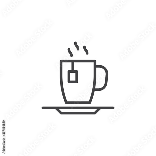 Hot herbal tea cup line icon. linear style sign for mobile concept and web design. Green tea cup with tea bag outline vector icon. Symbol  logo illustration. Pixel perfect vector graphics