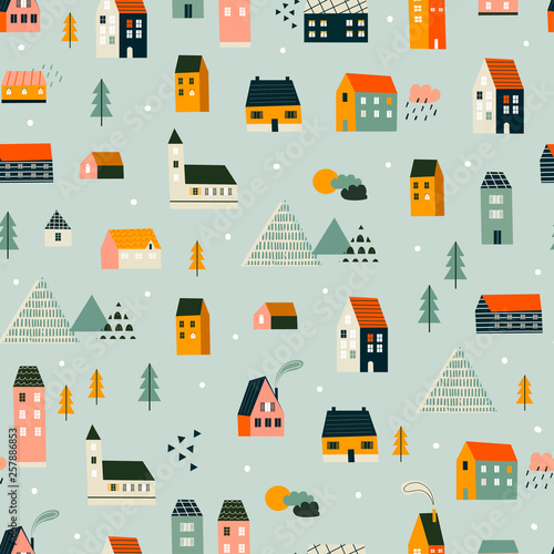 Various small tiny houses, trees and mountains. Paper cut style. Flat design. Hand drawn trendy illustration. Big colored vector seamless pattern. Grey background