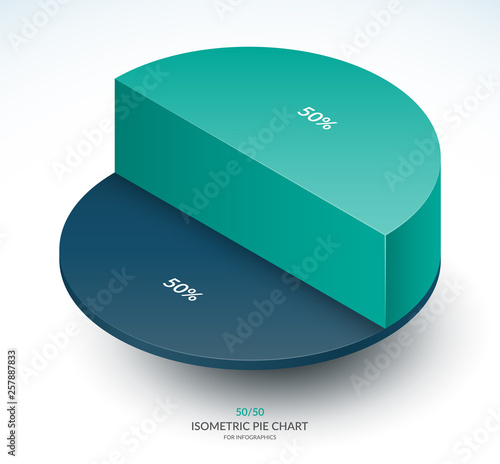 Infographic isometric pie chart template. Share of 50 and 50 percent. Vector illustration.