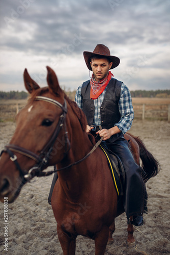 Cowboy in leather clothes riding a horse on farm