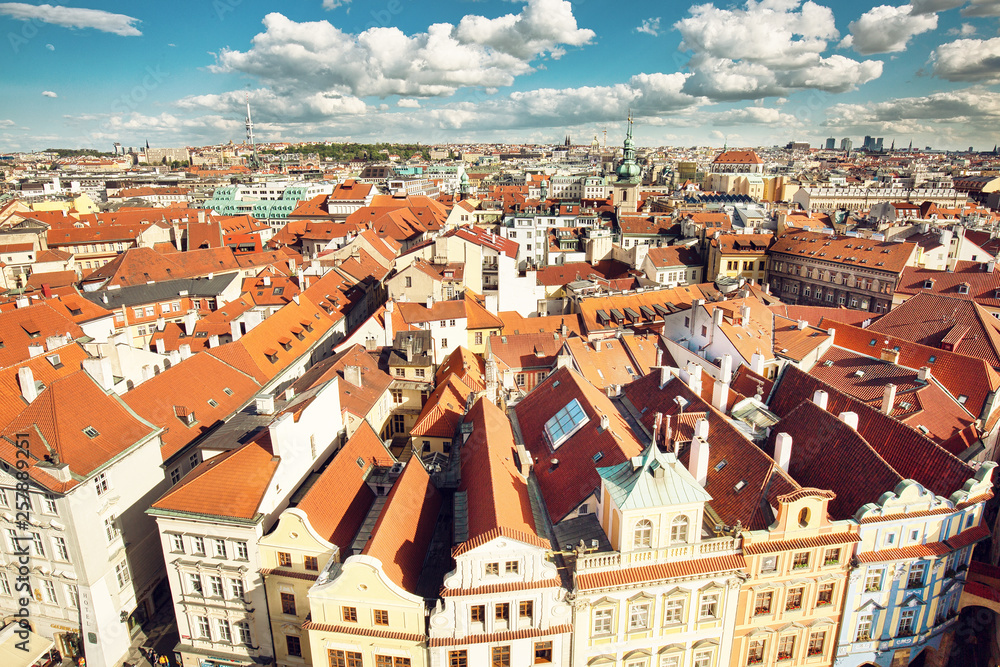 Aerial view to Prague historic center, popular travel destination