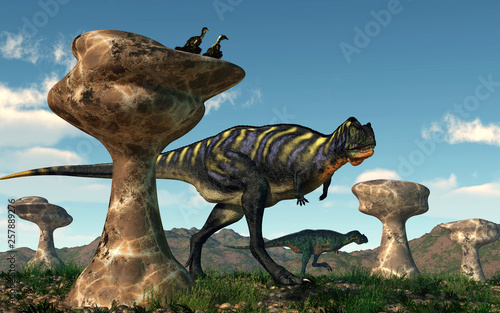 A pair of aucasaurs have wandered into a valley that was once a wide riverbed. Now arid, the river has long since dried up leaving behind strange rock formations. 3D Rendering