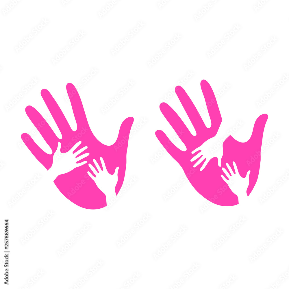 Holding Hand of a child in the hand of an adult. Orphanage sign. Adoption symbol. Father or mother's care, Symbol of care, kindness, Little hand in big hand. Vector illustration