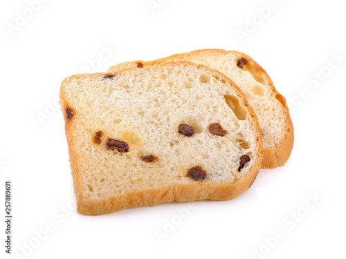 sliced bread with raisin on white background