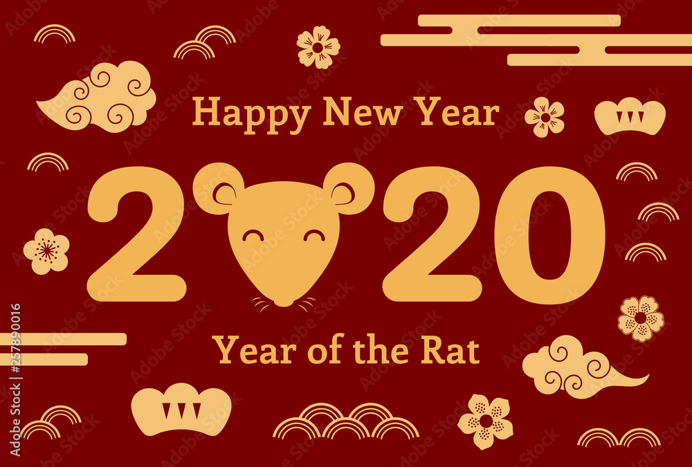 2020 Chinese New Year greeting card with rat face, clouds, flowers, numbers, gold on red. Vector illustration. Flat style design. Concept for holiday banner, decor element. 2020 Chinese New Year greeting card with rat face, clouds, flowers, numbers, gold on red. Vector illustration. Flat style design. Concept for holiday banner, decor element.