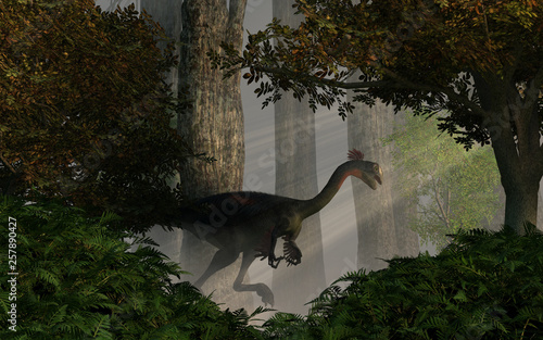 Gigantoraptor was an oviraptorosaurian dinosaur of the late cretaceous period. Here it hunts for prey in a Cretaceous era jungle. 3D Rendering