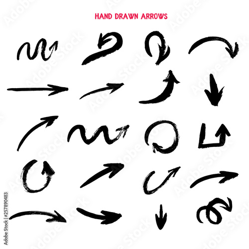 Grunge hand drawn arrow collection. Swoosh scribble sign set isolated on white background