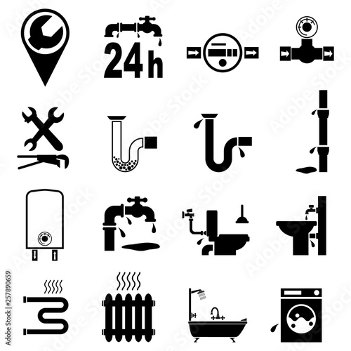 Repair services logo. Plumbing services, icon set. Black. Vector illustration.
