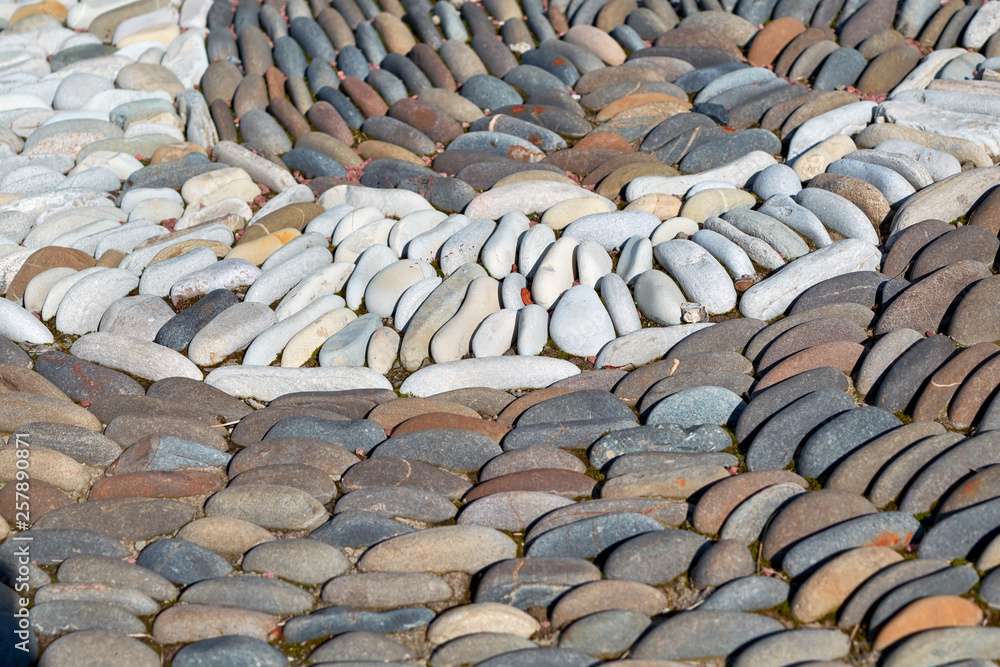 Fototapeta premium Oval pebbles or stones are laid in a pattern. White cobblestones are lined with a bend. The stones lie close to each other. Decoration for garden. The pebbles are illuminated by sunlight.