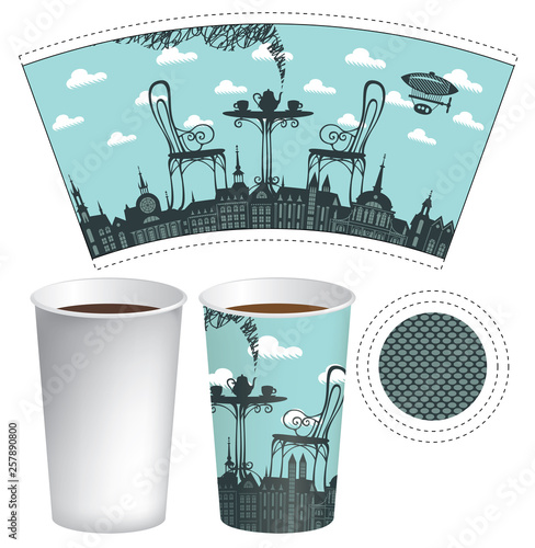 Vector paper Cup template for hot drink. Disposable cup for tea or coffee with a street cafe and served table on two on a background of old town with airship and clouds.