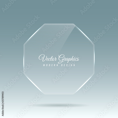 Octagonal glass banner. Transparent billboard with highlights. Vector illustration.