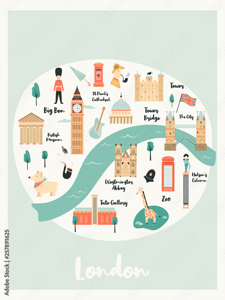 Illustrated map of London with landmarks, symbols Stock Vector | Adobe ...