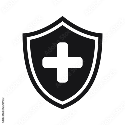 Immune system icon. Medical cross in the shield. Vector isolated.