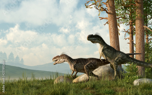Fototapeta Naklejka Na Ścianę i Meble -  Monolophosaurus was a carnivorous dinosaur that grew to about five meters long.  The only known fossil was found in China.  For a short time it was called Jiangjunmiaosaurus. 3D Rendering
