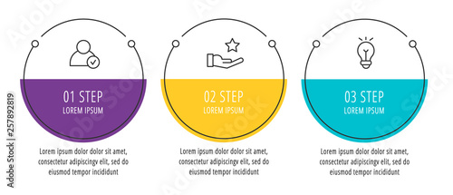 Modern line vector illustration. Infographic circles template with three elements, sectors, icons. Designed for business, presentations, web design, interface, workflow layout, diagrams with 3 steps