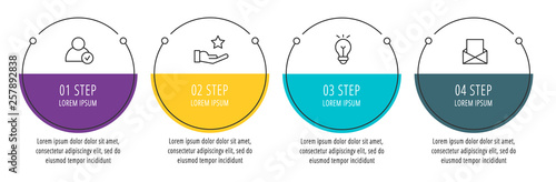 Modern line vector illustration. Infographic circles template with four elements, sectors, icons. Designed for business, presentations, web design, interface, workflow layout, diagrams with 4 steps