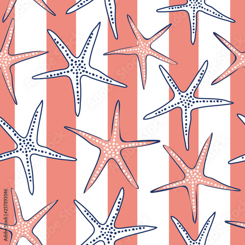 Sea star seamless beach pattern. Colorful coral, white, navy blue repeat design, great for beach wedding invitations, coastal home decor design, nautical textiles, summer fashion and swimwear. Vector.