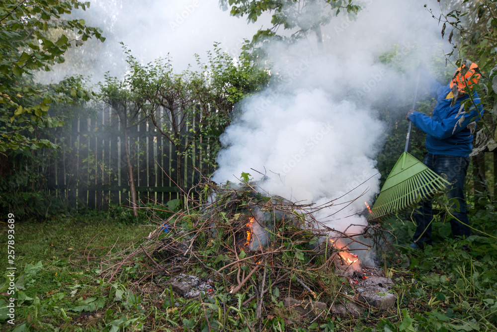 Man in work clothes is working in garden, burning old grass, leaves,  branches after tree pruning and feeding outdoor bonfire in spring or autumn.