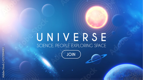 Planets in Universe with Star, Nebula and Galaxy Lights. 3D REalistic Space. Cosmos Design.