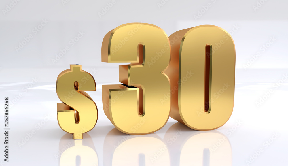 Obraz premium 30 dollar price symbol. red text number 3d render with dollar sign on white background - Illustration