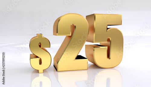 25 dollar price symbol. red text number 3d render with dollar sign on white background - Illustration