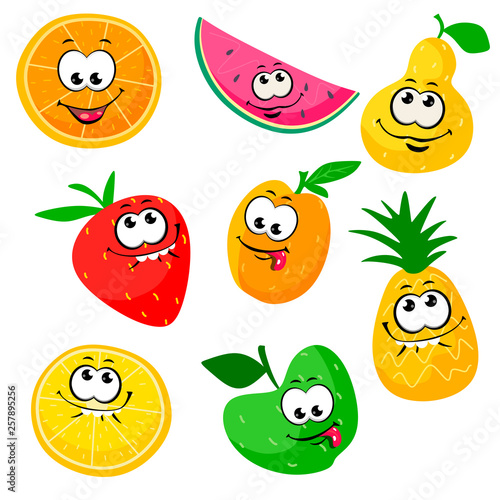 Cute and funny fruit characters with eyes. Vector fruit isolates on white background