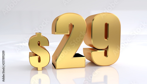 29 dollar price symbol. red text number 3d render with dollar sign on white background - Illustration