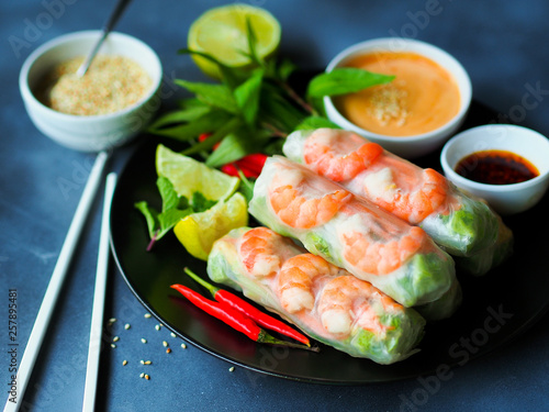 Fresh summer rolls with shrimp and vetgetables,Vietnamese food for healthy food concept.