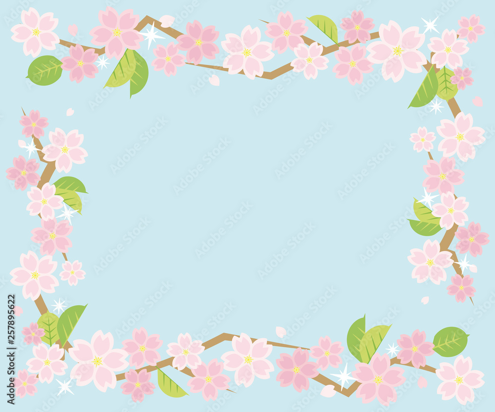 葉桜のコーナーフレーム(水色の背景)