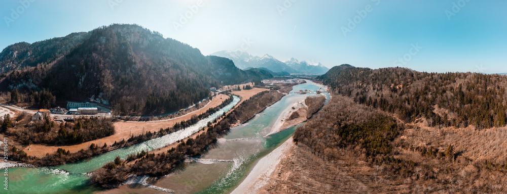 Drone Shot River near Lechfall in Füssen, Germany
