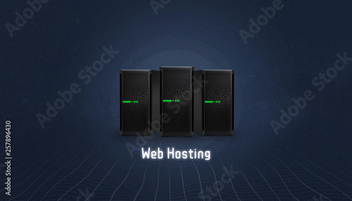 Plakat Web hosting concept with three servers and web hosting text below. Simple, flat, hero header image.