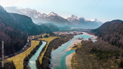 Drone Shot River near Lechfall in Füssen, Germany