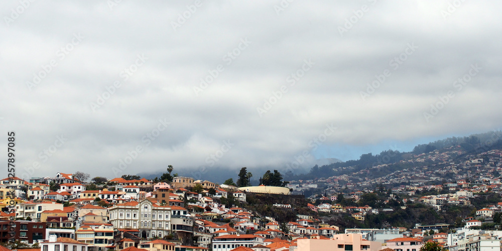 a wide panoramic view of the city of funchal in madeira with houses and tree covered hills under a cloudy sky