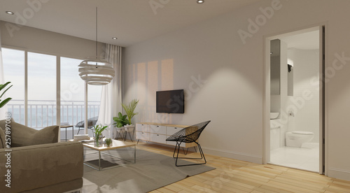Modern living room interior with sofa and green plants lamp table on living coral color of the Year 2019 3d rendering.